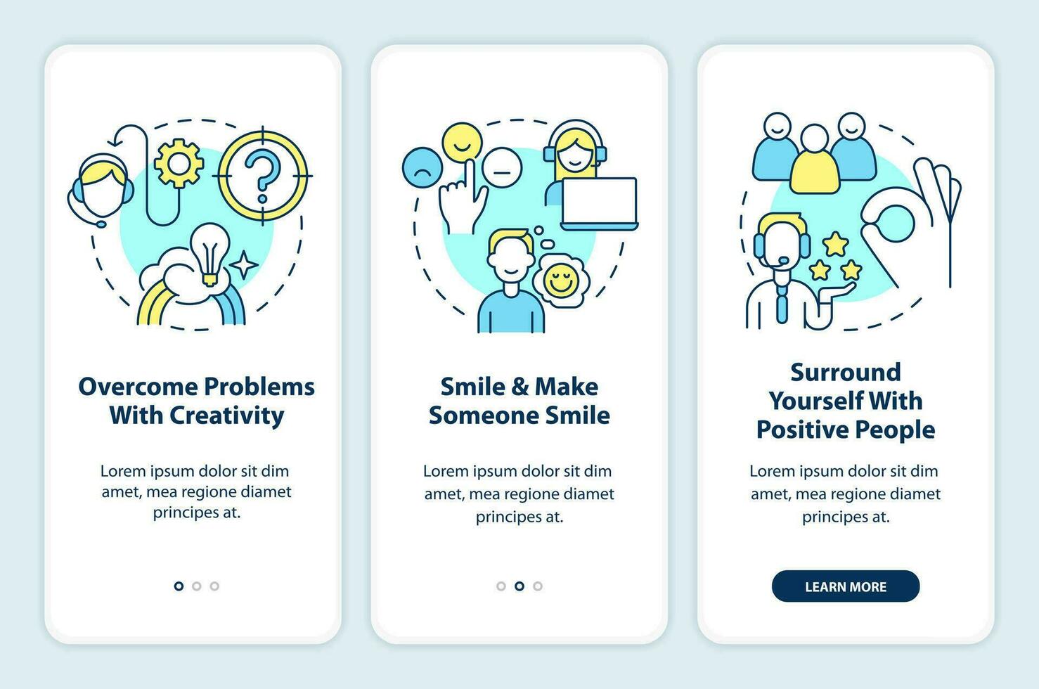 Positive attitude in customer service onboarding mobile app screen. Walkthrough 3 steps editable graphic instructions with linear concepts. UI, UX, GUI template vector