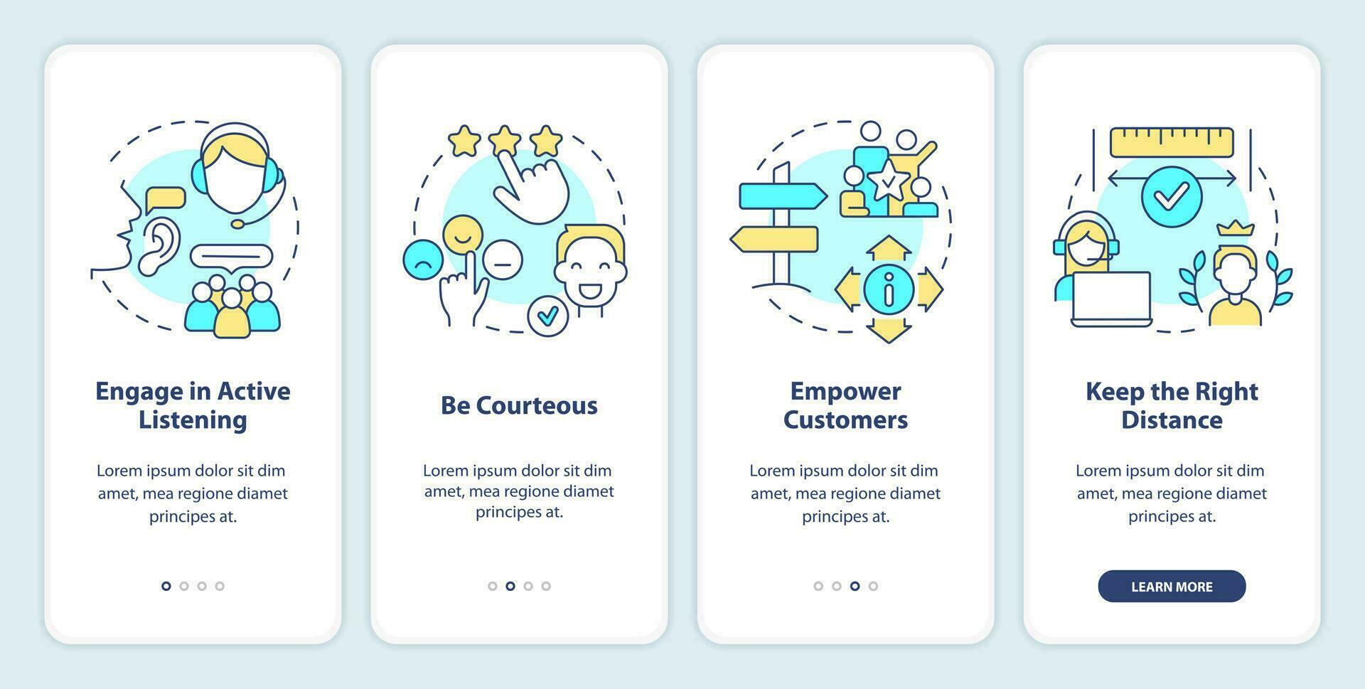 Call center customer service work onboarding mobile app screen. Walkthrough 4 steps editable graphic instructions with linear concepts. UI, UX, GUI template vector