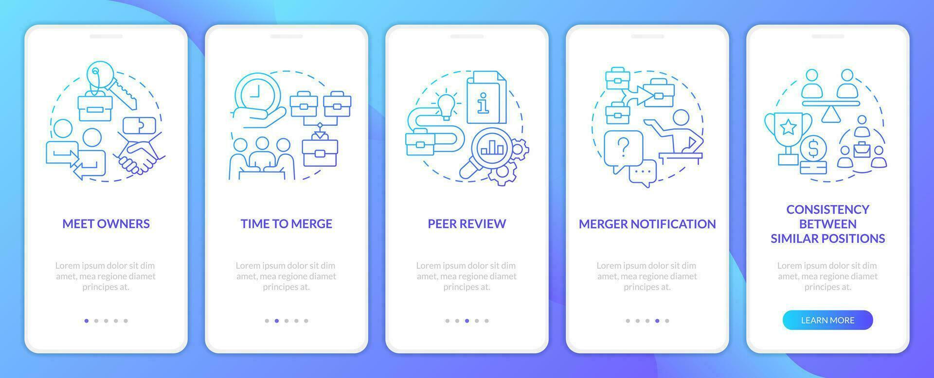 gerente mediante adquisición azul degradado inducción móvil aplicación pantalla. recorrido 5 5 pasos gráfico instrucciones con lineal conceptos. ui, ux, gui modelo vector