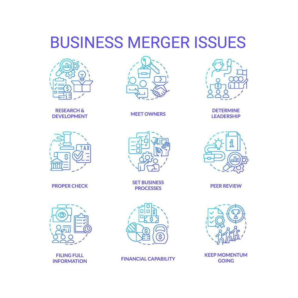 Business merger issues blue gradient concept icons set. Corporate acquisition idea thin line color illustrations. Company owners. Isolated symbols vector
