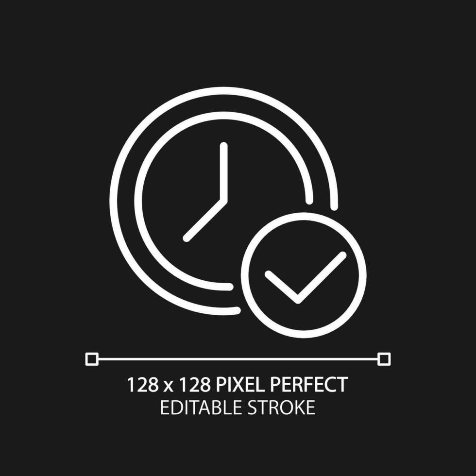 Clock with check mark pixel perfect white linear icon for dark theme. Accept appointment time. Watch with tick. Thin line illustration. Isolated symbol for night mode. Editable stroke vector