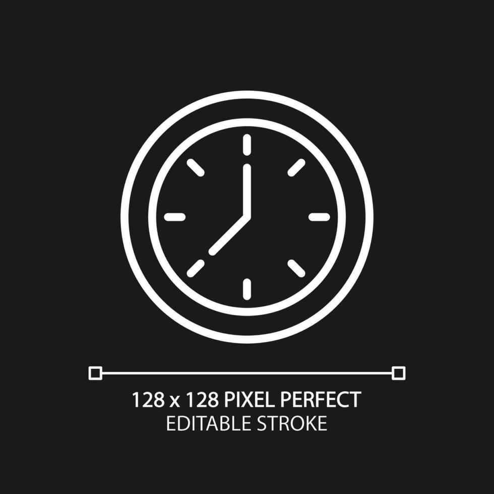 Clock face pixel perfect white linear icon for dark theme. Displaying time. Showing hours and minutes. Thin line illustration. Isolated symbol for night mode. Editable stroke vector