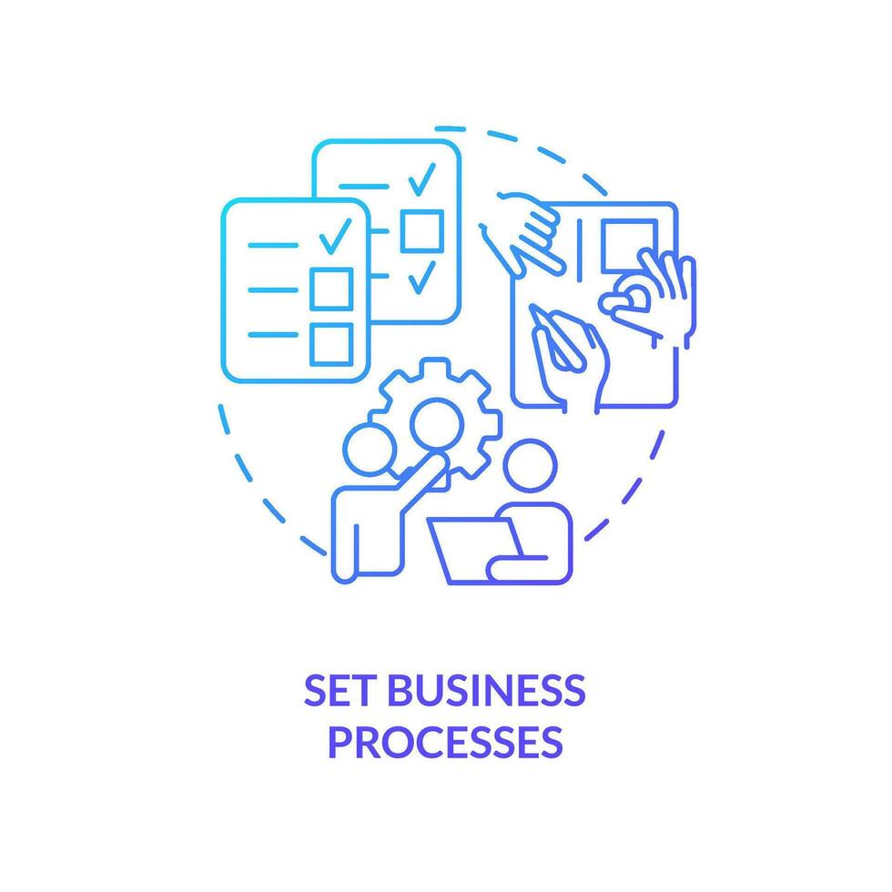 Set business processes blue gradient concept icon. Merge company team effectively abstract idea thin line illustration. Performing tasks. Isolated outline drawing vector