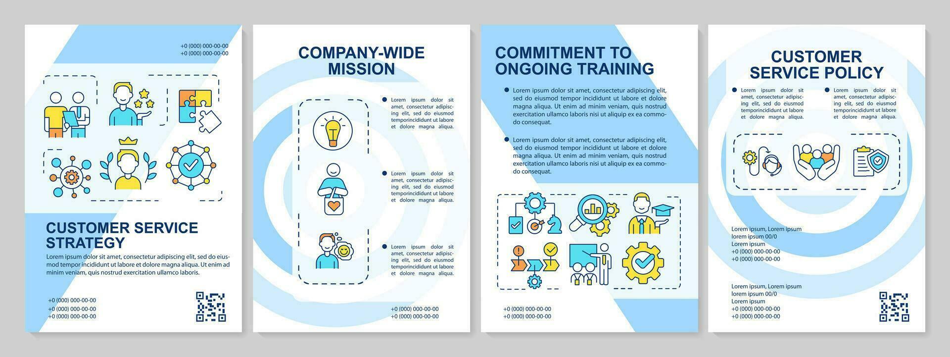 Strategy of customer service blue brochure template. Leaflet design with linear icons. Editable 4 vector layouts for presentation, annual reports