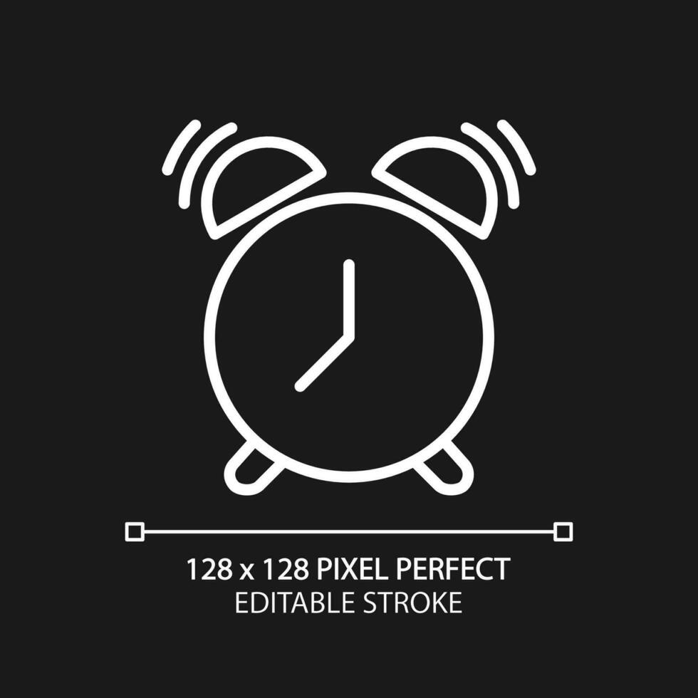 Ringing alarm clock pixel perfect white linear icon for dark theme. Wake up time. Sleep schedule. Reminder. Thin line illustration. Isolated symbol for night mode. Editable stroke vector