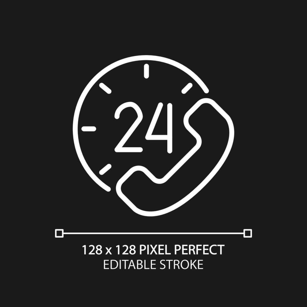 Round-the-clock support pixel perfect white linear icon for dark theme. 24 hour call answering service. Help. Thin line illustration. Isolated symbol for night mode. Editable stroke vector