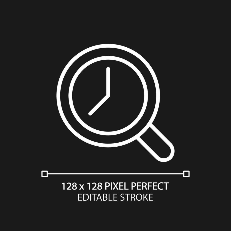 Magnifying glass with clock pixel perfect white linear icon for dark theme. Time tracking. Dial inside loupe. Thin line illustration. Isolated symbol for night mode. Editable stroke vector