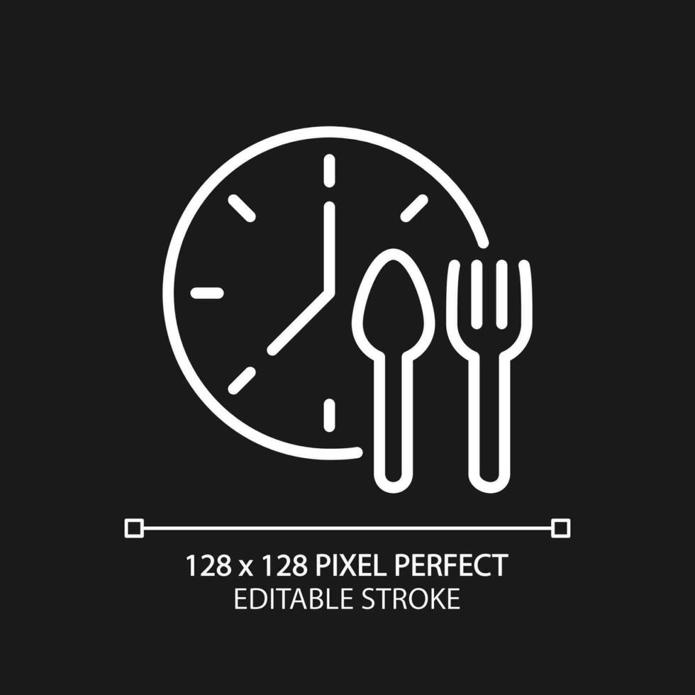 Lunchtime pixel perfect white linear icon for dark theme. Manage nutrition schedule. Take lunch break at work. Thin line illustration. Isolated symbol for night mode. Editable stroke vector