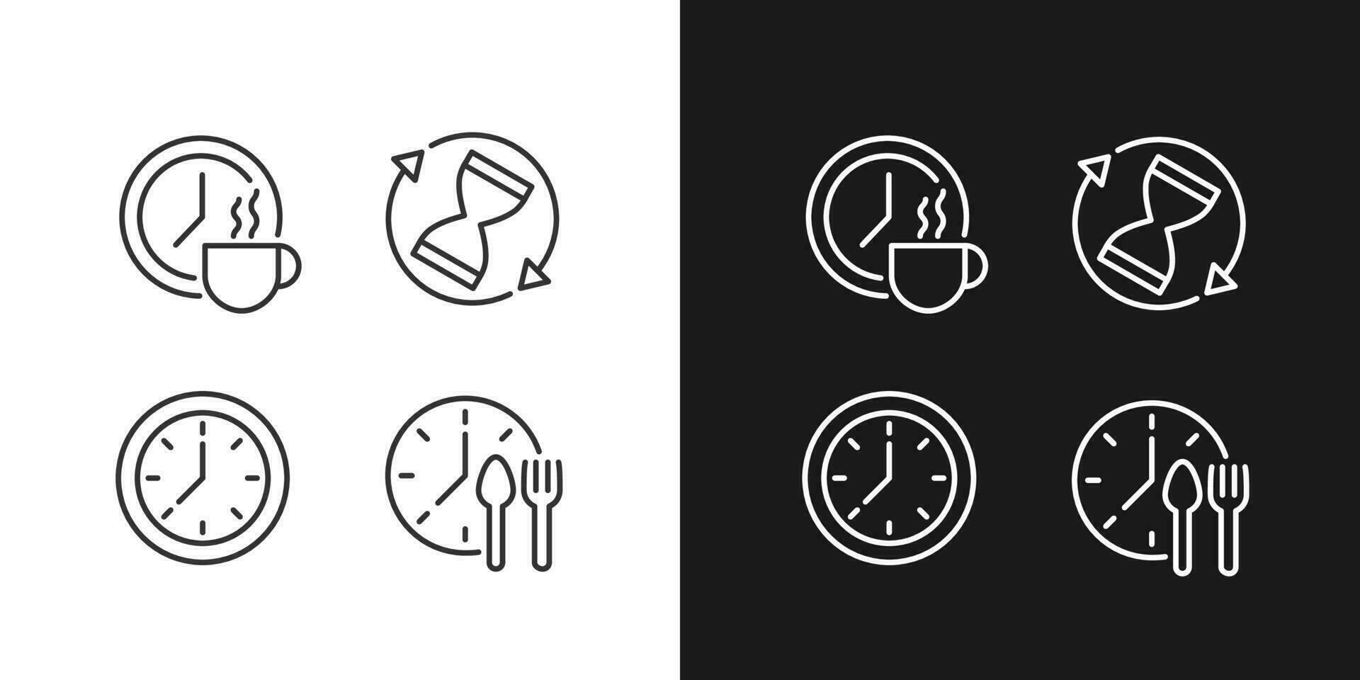 Managing time efficiently pixel perfect linear icons set for dark, light mode. Rotating sandglass. Break period. Clock. Thin line symbols for night, day theme. Isolated illustrations. Editable stroke vector