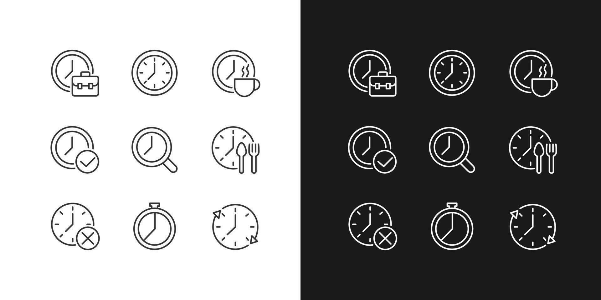 Timekeeping in daily life pixel perfect linear icons set for dark, light mode. Manage time at workplace. Clock device. Thin line symbols for night, day theme. Isolated illustrations. Editable stroke vector