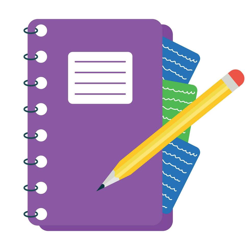 colegio espiral cuaderno con lápiz icono. vector plano ilustración