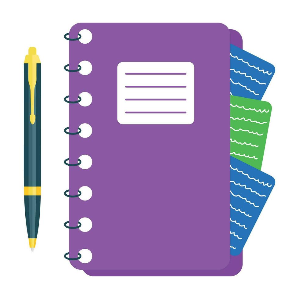 School spiral notebook with pen icon. Vector flat illustration