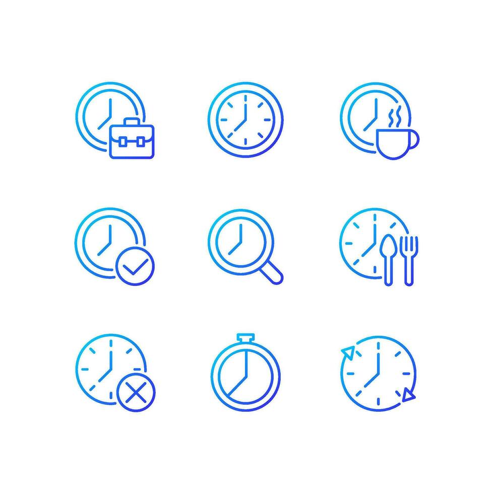 Timekeeping in daily life pixel perfect gradient linear vector icons set. Manage time at workplace. Clock device. Thin line contour symbol designs bundle. Isolated outline illustrations collection