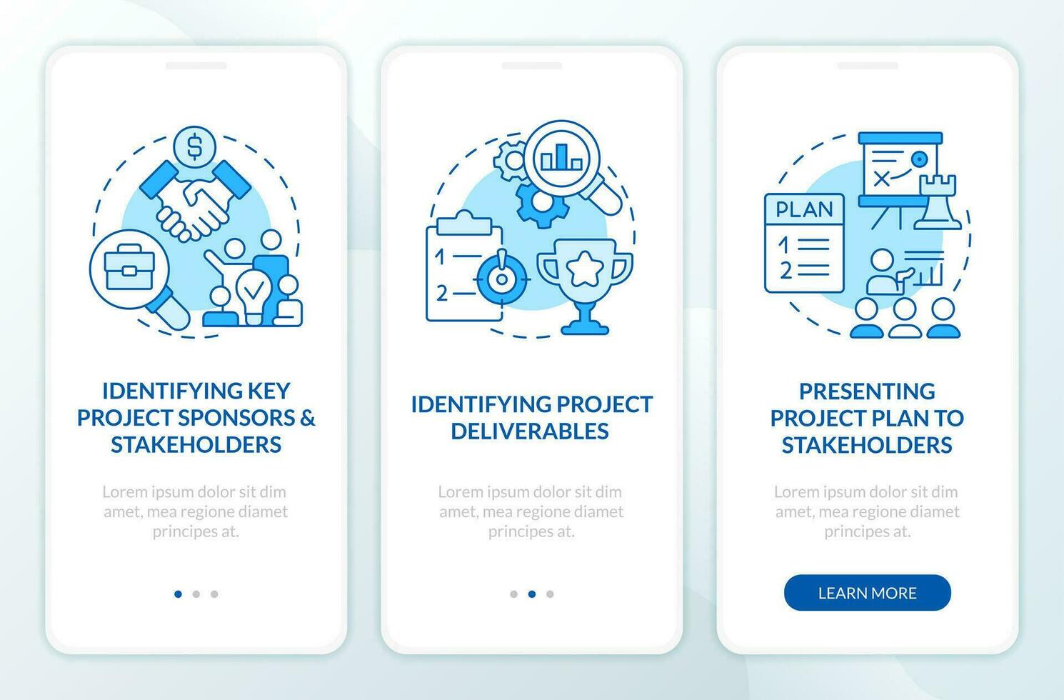 Project planning stages blue onboarding mobile app screen. Workflow walkthrough 3 steps editable graphic instructions with linear concepts. UI, UX, GUI template vector