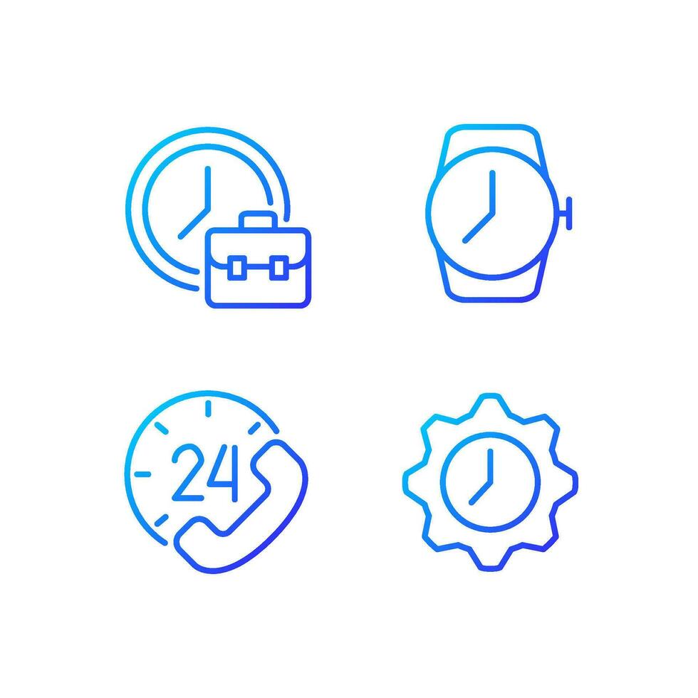 Keep track of hours pixel perfect gradient linear vector icons set. Working hours. Wrist watch. 24 hour support. Thin line contour symbol designs bundle. Isolated outline illustrations collection