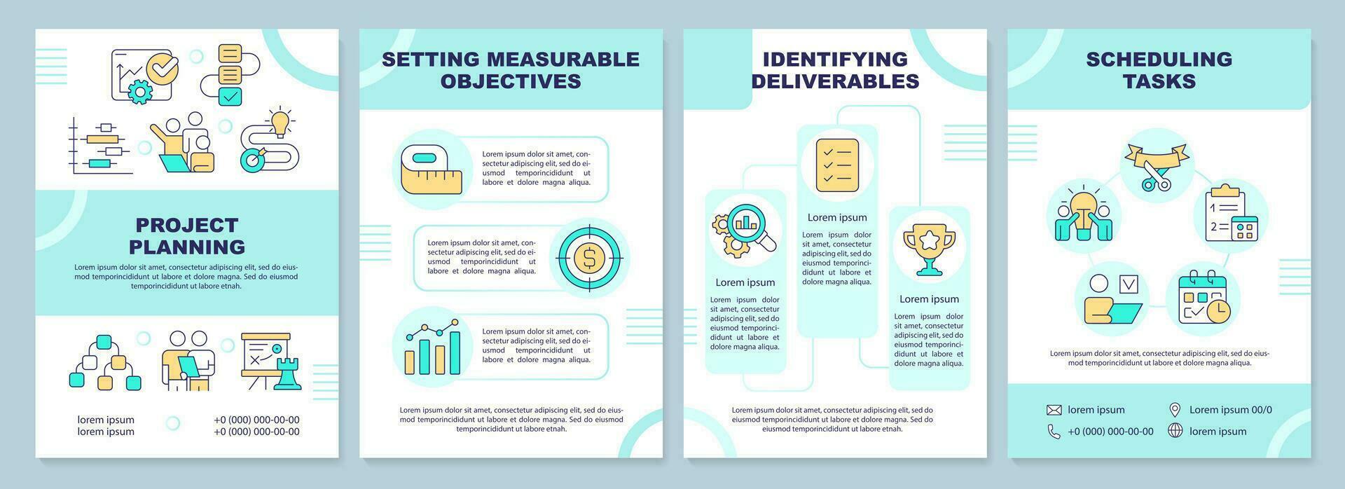 Project planning mint brochure template. Business strategy. Leaflet design with linear icons. Editable 4 vector layouts for presentation, annual reports