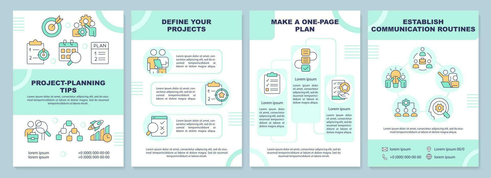 Project planning tips green brochure template. Management. Leaflet design with linear icons. Editable 4 vector layouts for presentation, annual reports
