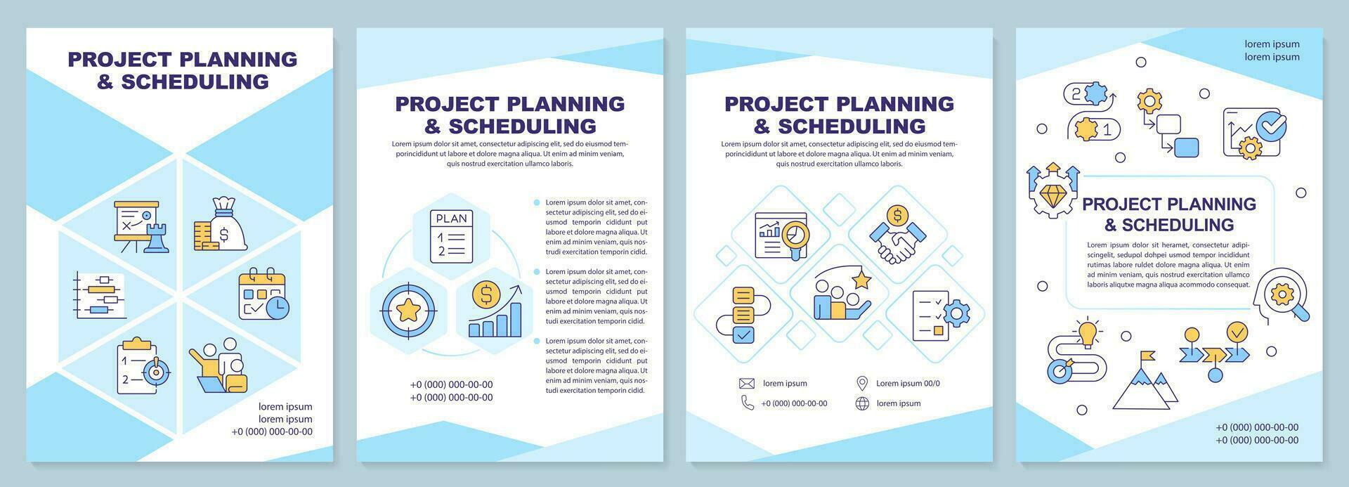 Project planning and scheduling blue brochure template. Leaflet design with linear icons. Editable 4 vector layouts for presentation, annual reports