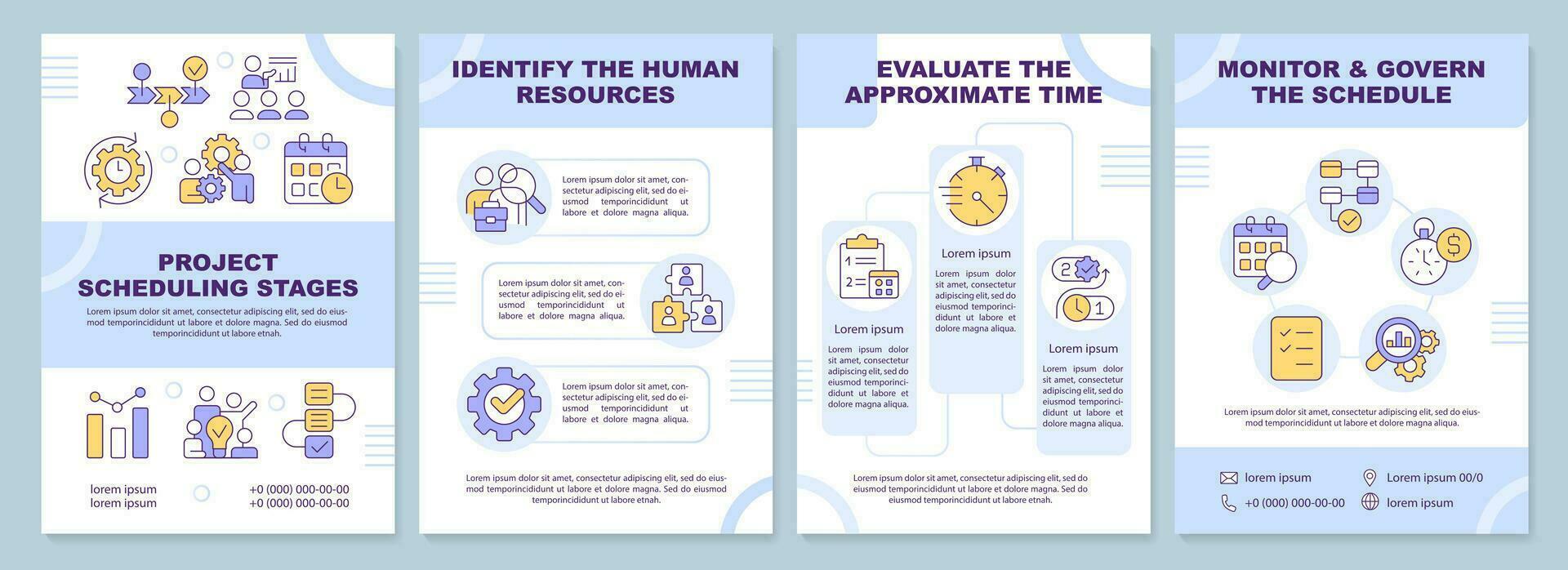 Project scheduling stages blue brochure template. Leaflet design with linear icons. Editable 4 vector layouts for presentation, annual reports