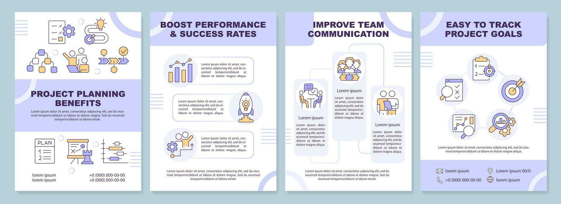 Project planning benefits purple brochure template. Leaflet design with linear icons. Editable 4 vector layouts for presentation, annual reports