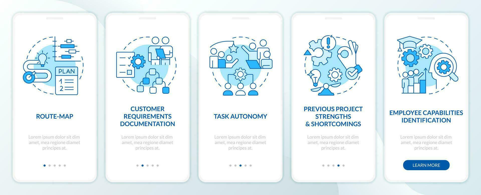 Project planning benefits blue onboarding mobile app screen. Business walkthrough 5 steps editable graphic instructions with linear concepts. UI, UX, GUI template vector