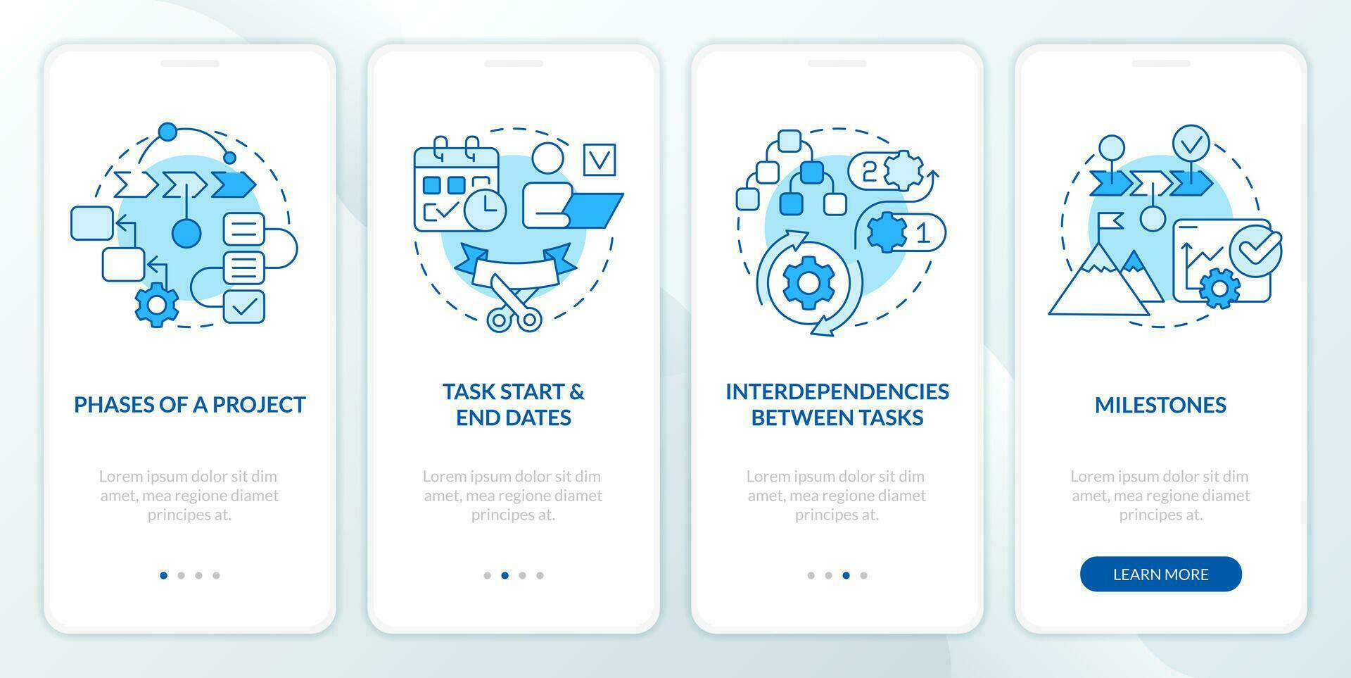 Project plan parts blue onboarding mobile app screen. Task management walkthrough 4 steps editable graphic instructions with linear concepts. UI, UX, GUI template vector