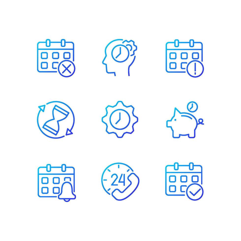 Time and date pixel perfect gradient linear vector icons set. Calendar management. Save money. Sandglass. Thin line contour symbol designs bundle. Isolated outline illustrations collection