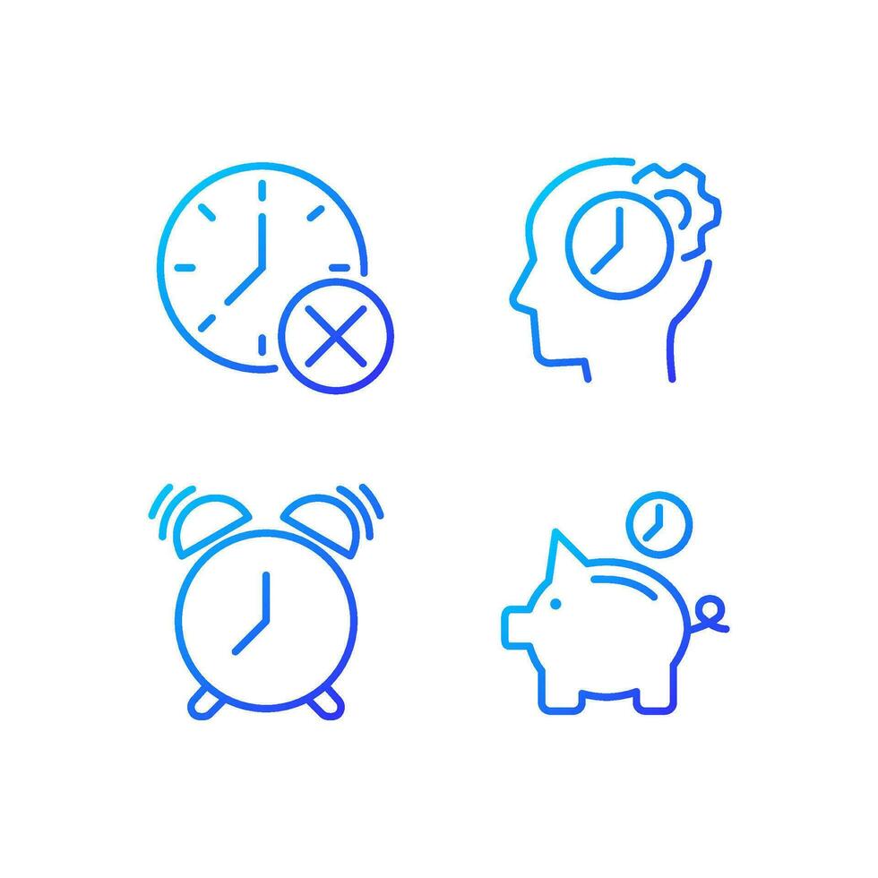 Organizing time wisely pixel perfect gradient linear vector icons set. Thinking. Alarm clock. Deadline cancel. Thin line contour symbol designs bundle. Isolated outline illustrations collection