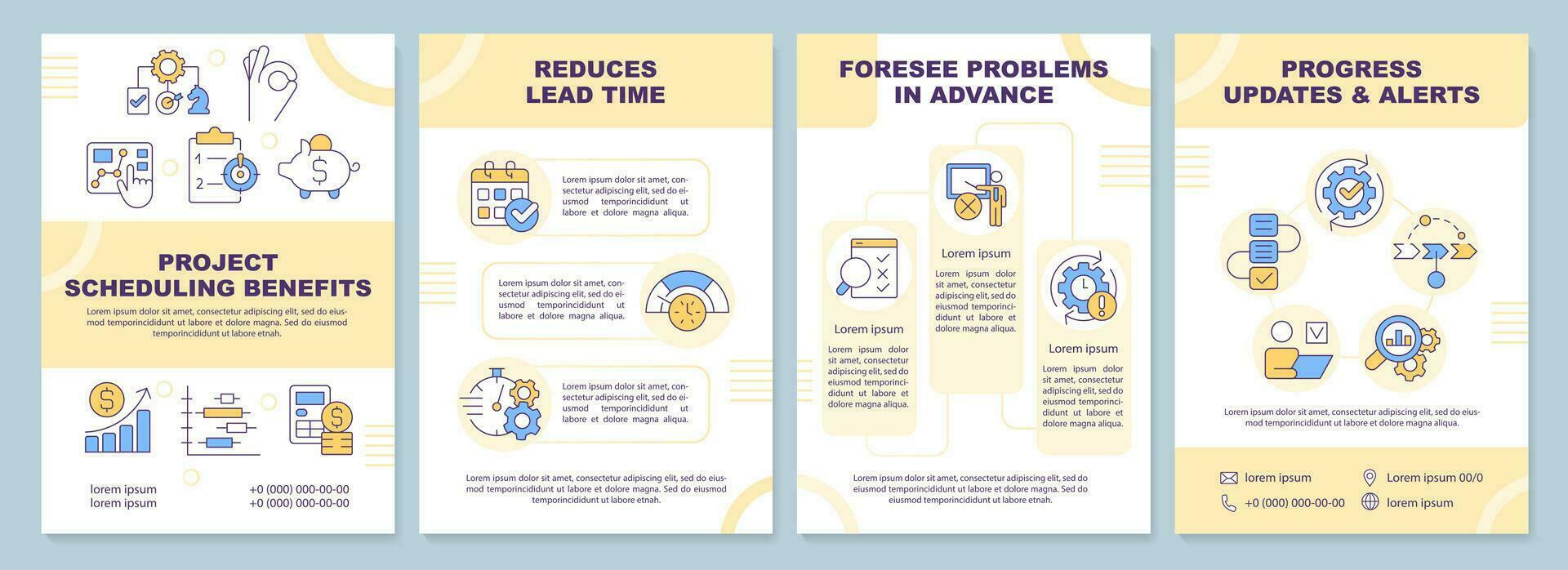 Project scheduling benefits yellow brochure template. Leaflet design with linear icons. Editable 4 vector layouts for presentation, annual reports