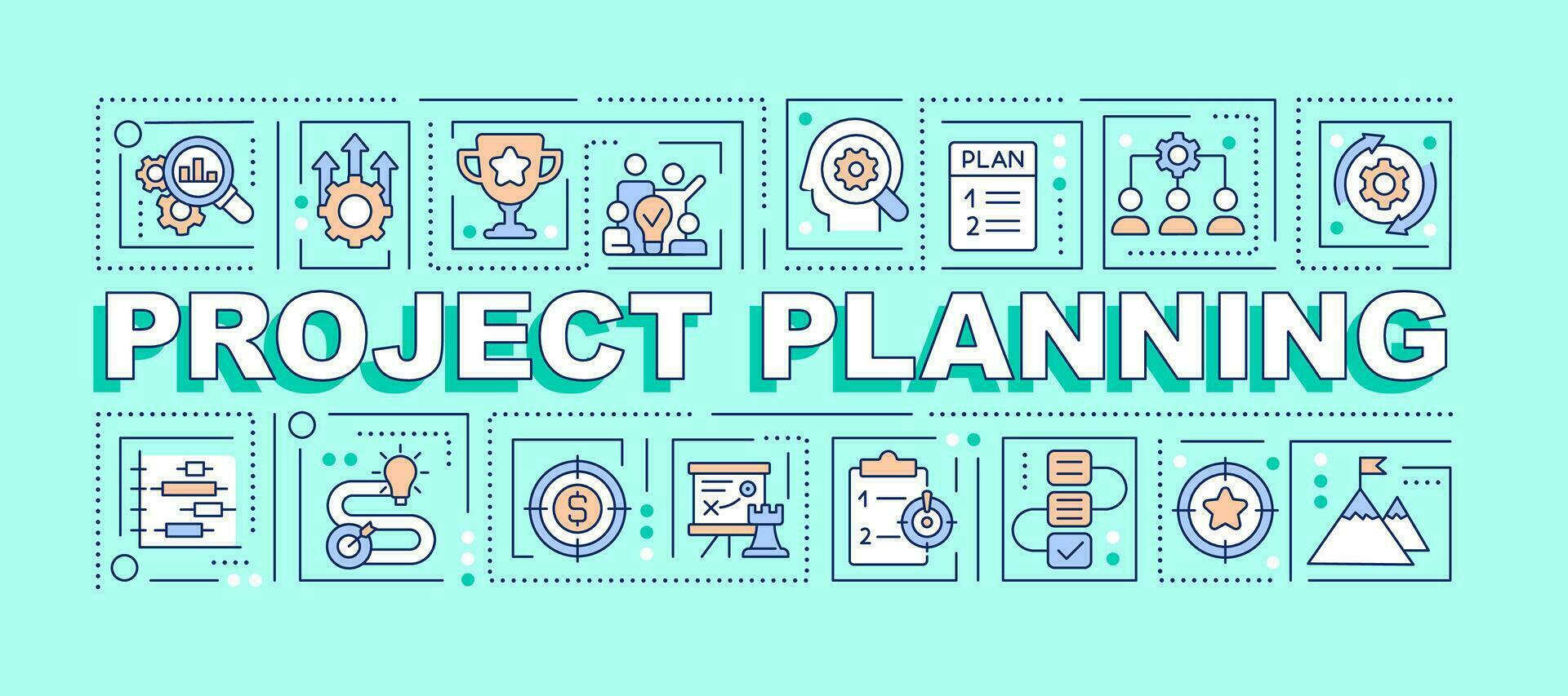 Project planning word concepts turquoise banner. Task management. Infographics with editable icons on color background. Isolated typography. Vector illustration with text