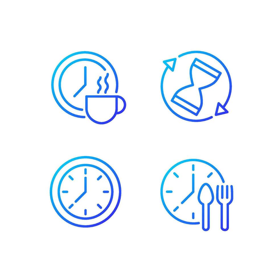 Managing time efficiently pixel perfect gradient linear vector icons set. Rotating sandglass. Break period. Clock. Thin line contour symbol designs bundle. Isolated outline illustrations collection