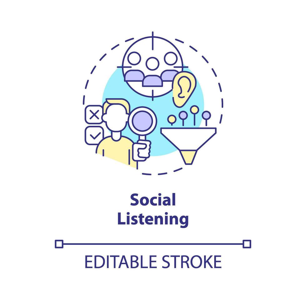 Social listening concept icon. Target audience. Keyword research. Brand development. Data driven. Reputation management abstract idea thin line illustration. Isolated outline drawing. Editable stroke vector