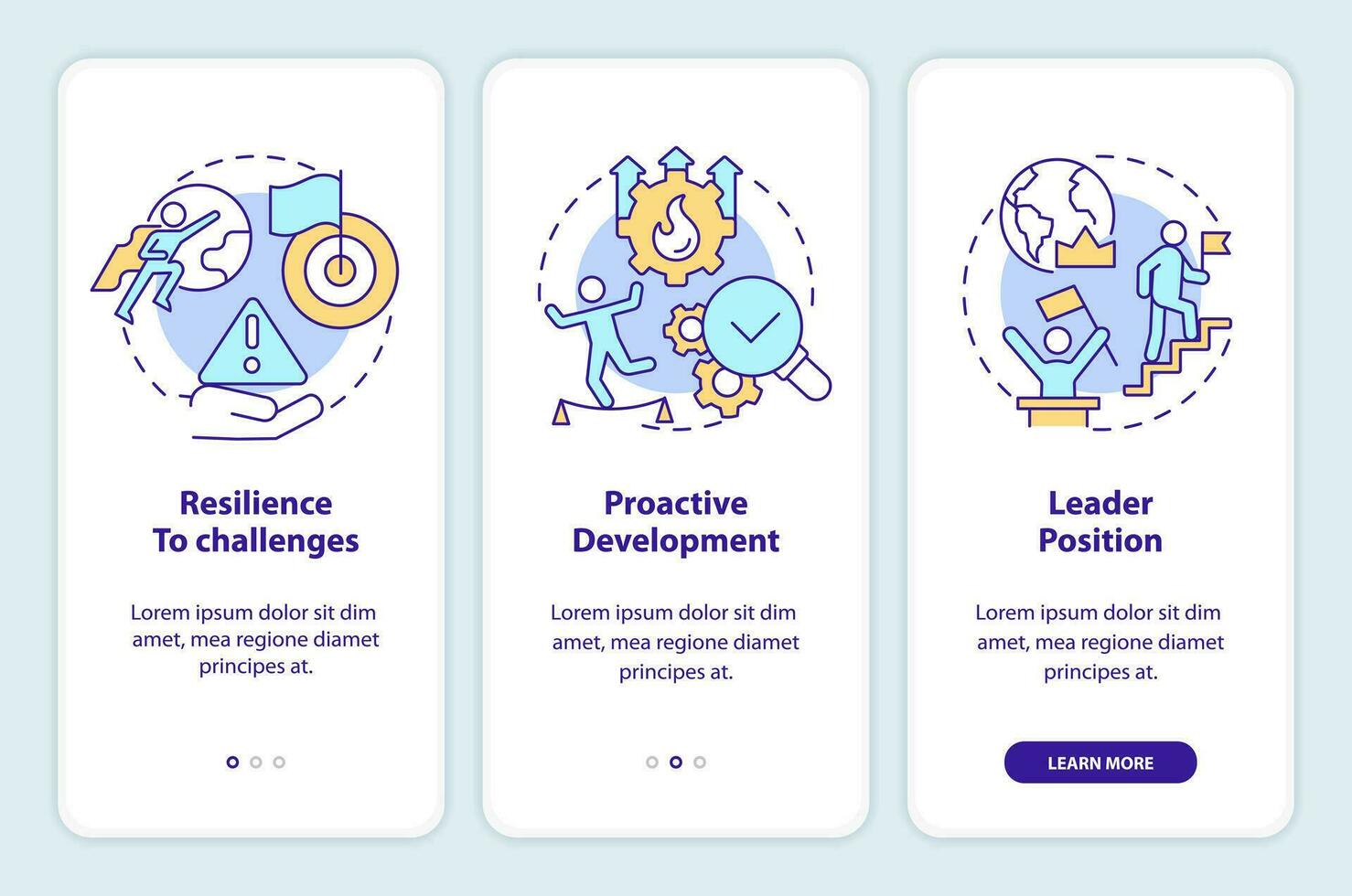 Company trendsetter benefits onboarding mobile app screen. Walkthrough 3 steps editable graphic instructions with linear concepts. UI, UX, GUI template vector