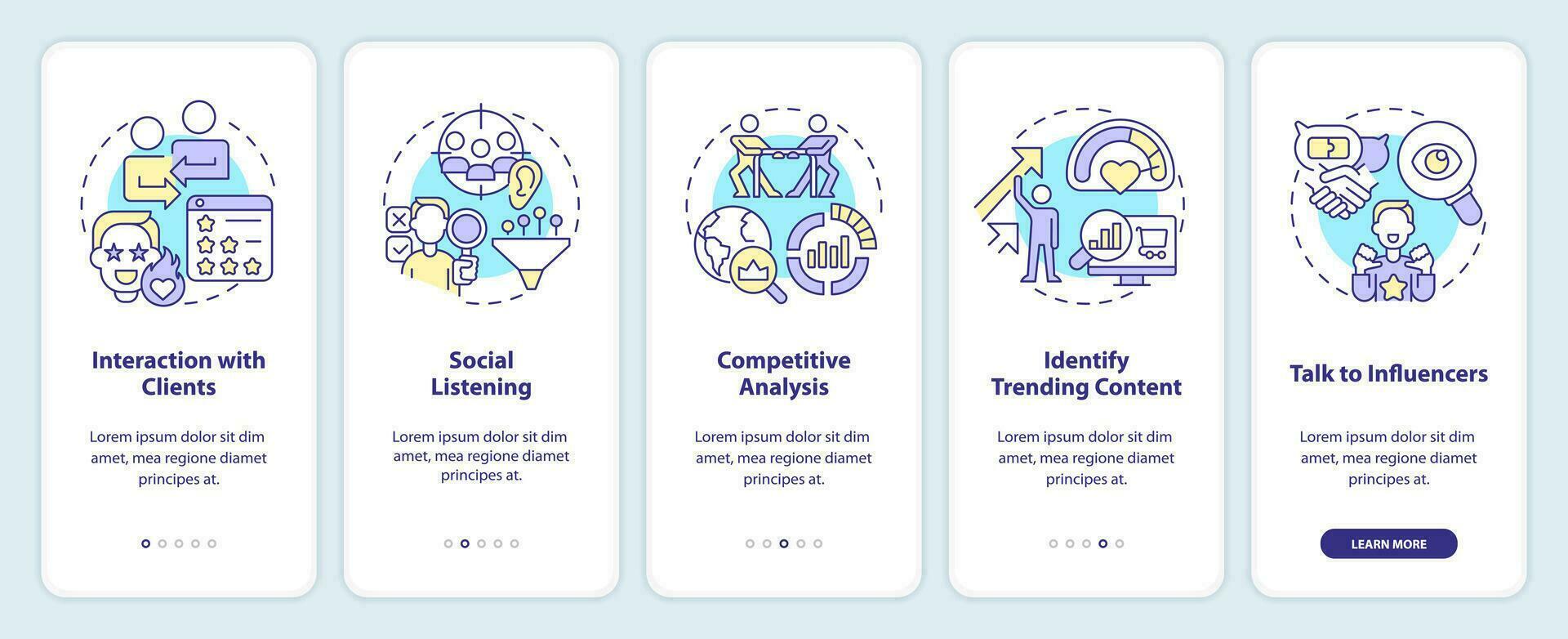Trendspotting tips onboarding mobile app screen. Market analysis walkthrough 5 steps editable graphic instructions with linear concepts. UI, UX, GUI template vector