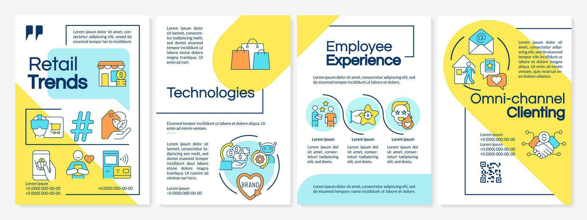 Retail trends blue and yellow brochure template. Customer engagement. Leaflet design with linear icons. Editable 4 vector layouts for presentation, annual reports