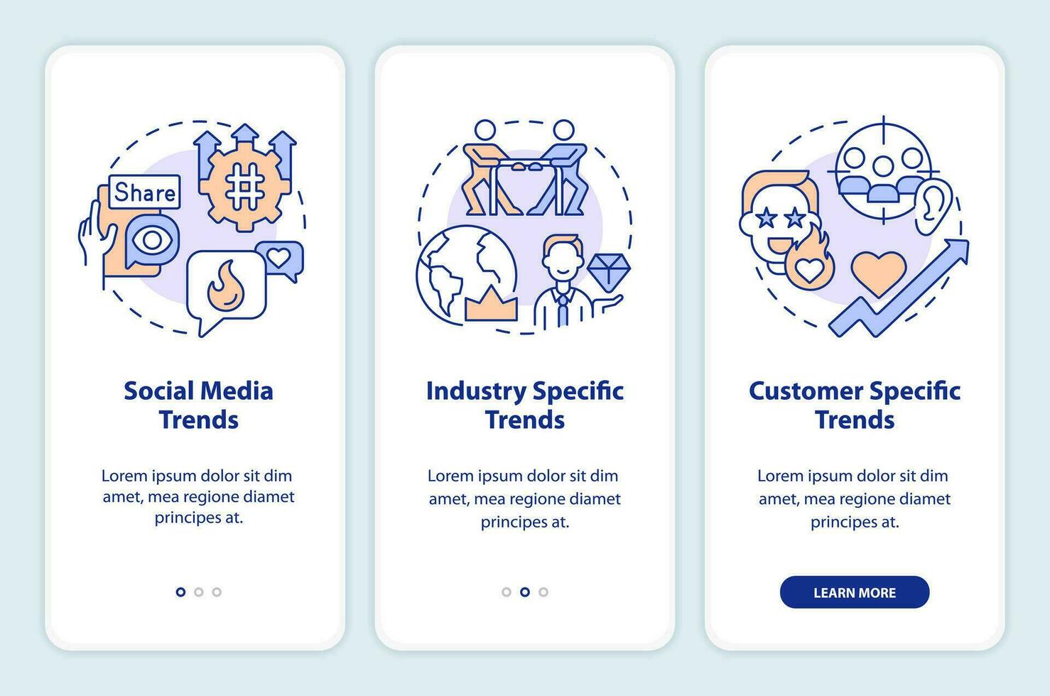 Trends categories onboarding mobile app screen. Market research walkthrough 3 steps editable graphic instructions with linear concepts. UI, UX, GUI template vector