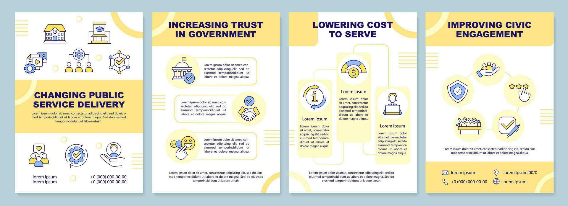 Changing public service delivery brochure template. Leaflet design with linear icons. Editable 4 vector layouts for presentation, annual reports