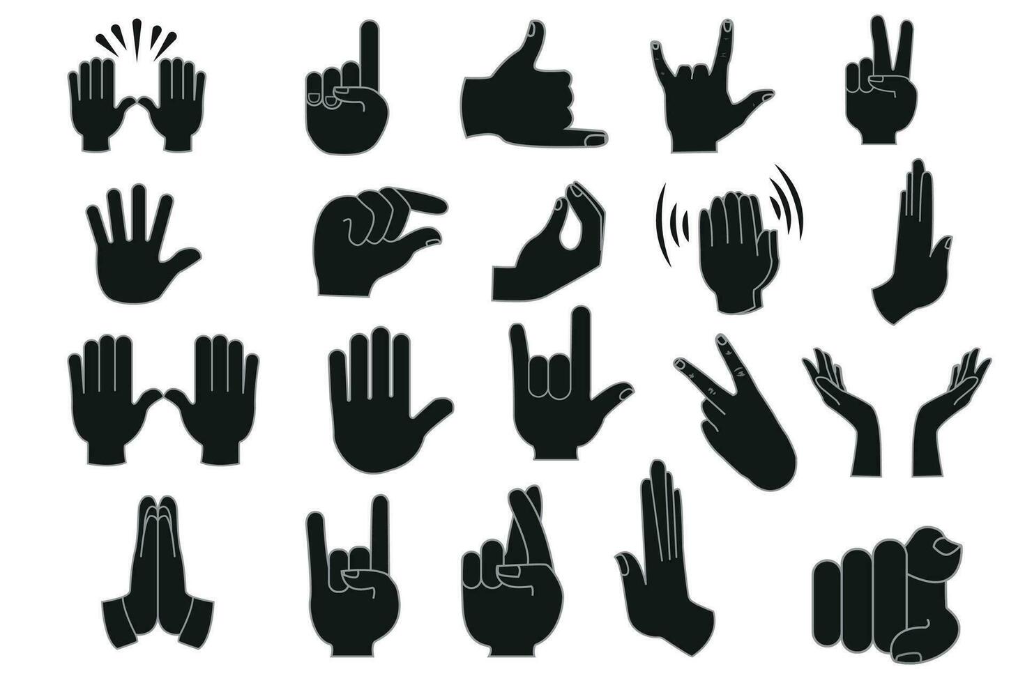 Hands and arms vector. Hands vector line icons set. Female hand holding and pointing gestures, fingers crossed, fist, peace and thumb up. Cartoon human palms and wrist vector set.