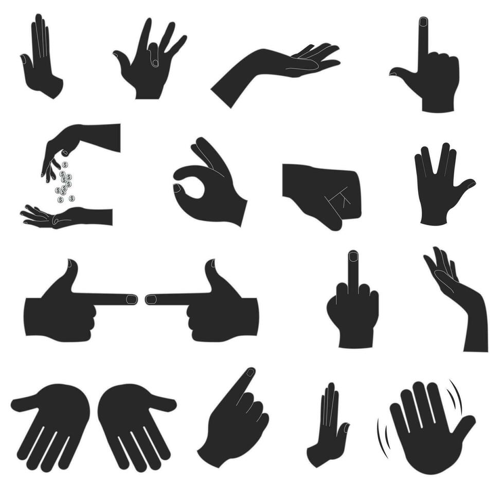 Hands and arms vector. Hands vector line icons set. Female hand holding and pointing gestures, fingers crossed, fist, peace and thumb up. Cartoon human palms and wrist vector set.