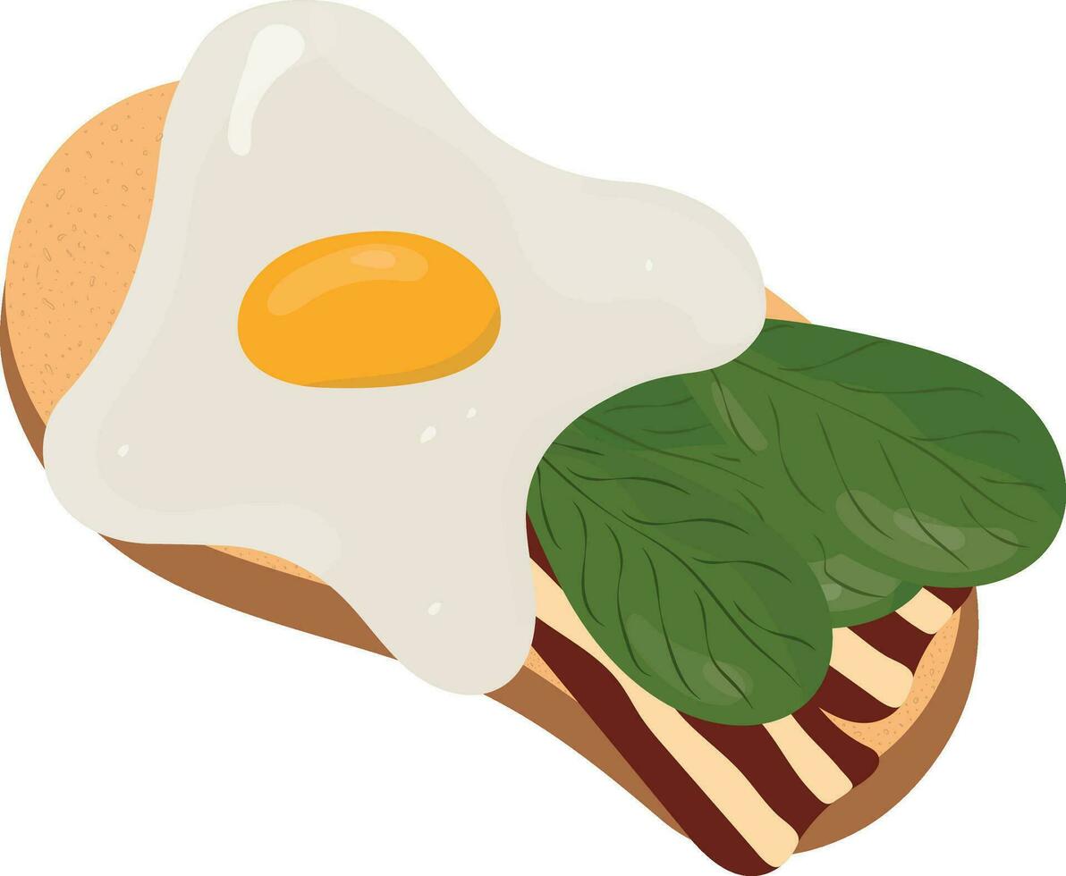 Toast with bacon, scrambled eggs and spinach. Breakfast. High quality vector illustration.