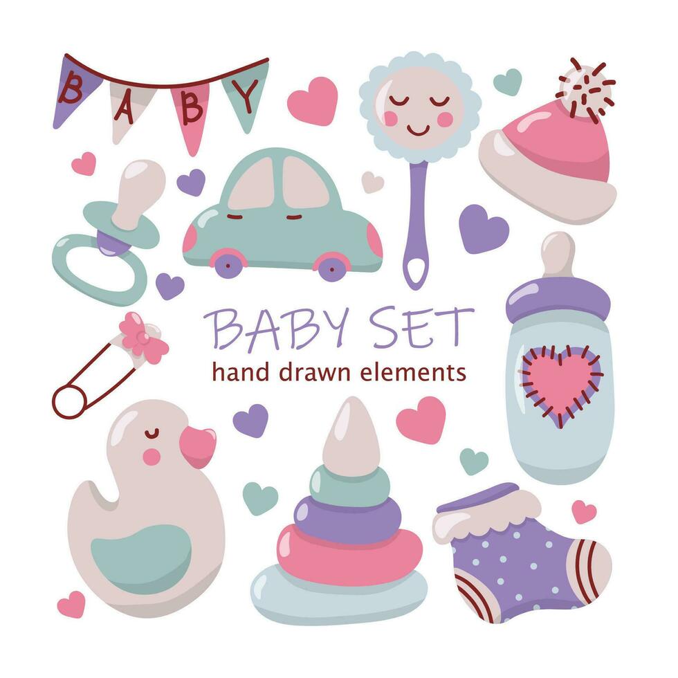 linda conjunto de mano dibujado bebé y recién nacidodibujado a mano garabatear estilo ilustración para parches, pegatinas, camiseta, guardería, niños diseño. en pastel color. vector