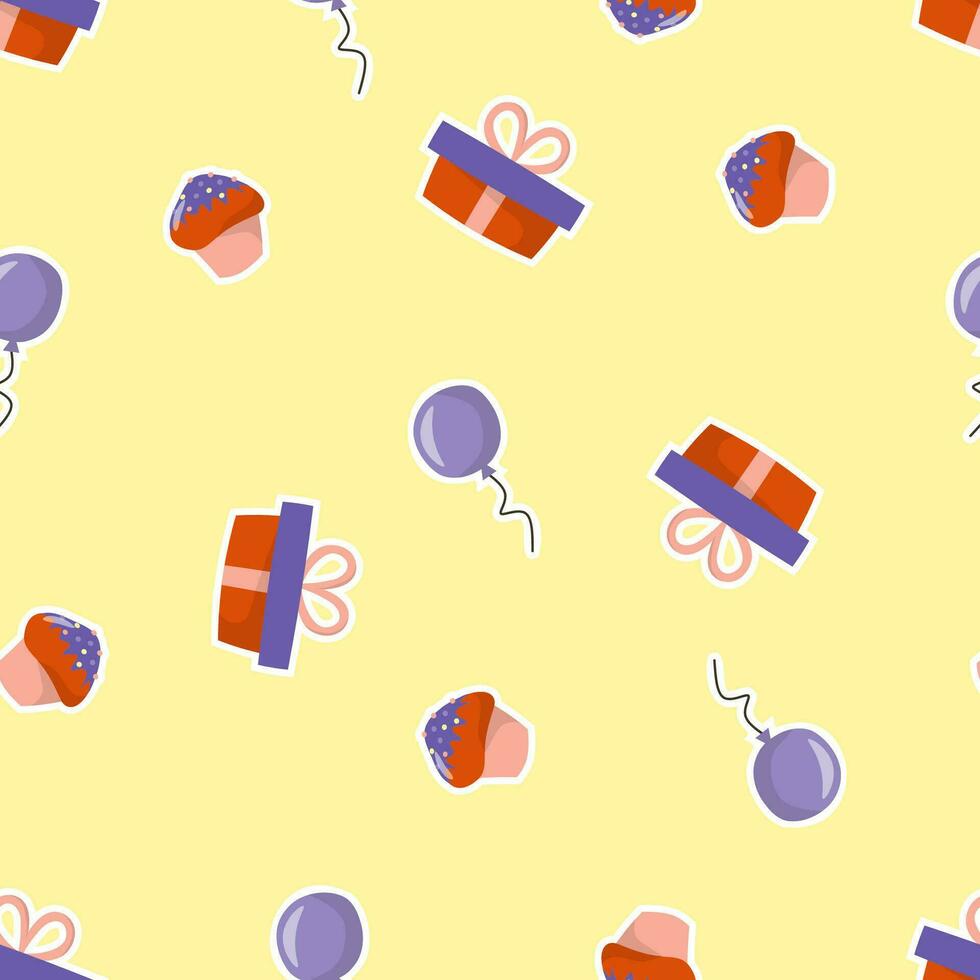 Seamless pattern for birthday. With gift box, balloon and muffin. Sticker style. On a yellow background. vector