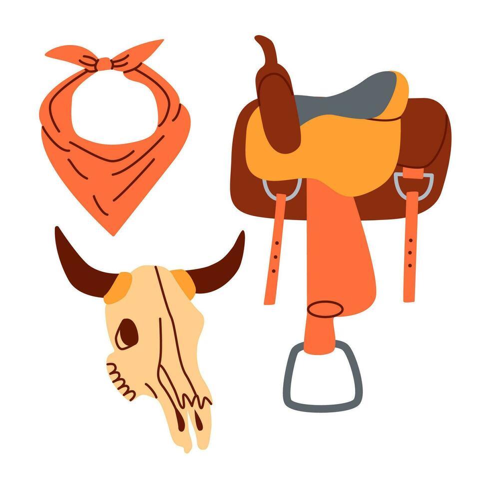 Cowboy symbols. Western theme wild west concept..Hand drawn colored vector set. Clipart icons. Flat vector illustration.
