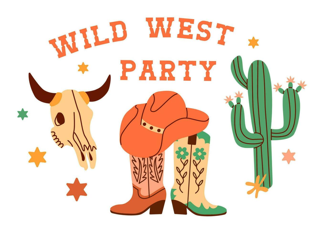 Horizontal banner template for wild west party invitation decorated by boots, hat, cactus, skull. Flat vector illustration.