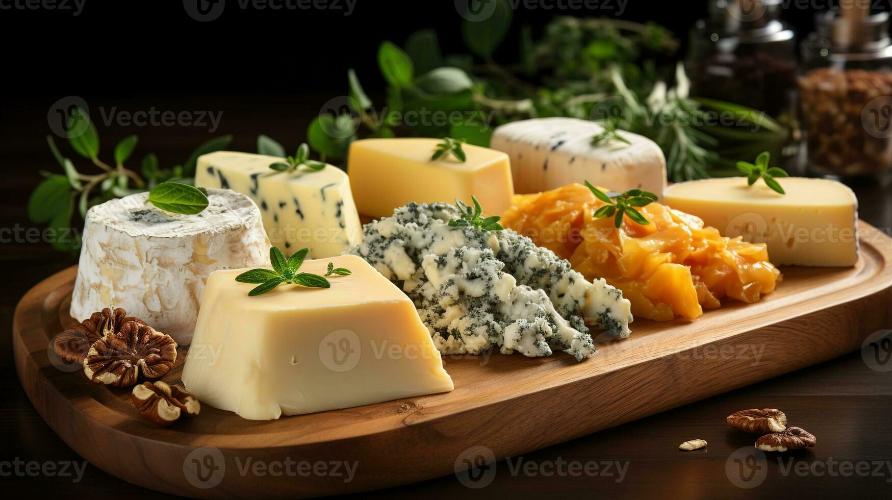 sucio rebanadas de queso, cortar dentro diferente formas en de madera platos, conjunto en un cautivador negro fondo, un culinario deleitar, ai generativo foto