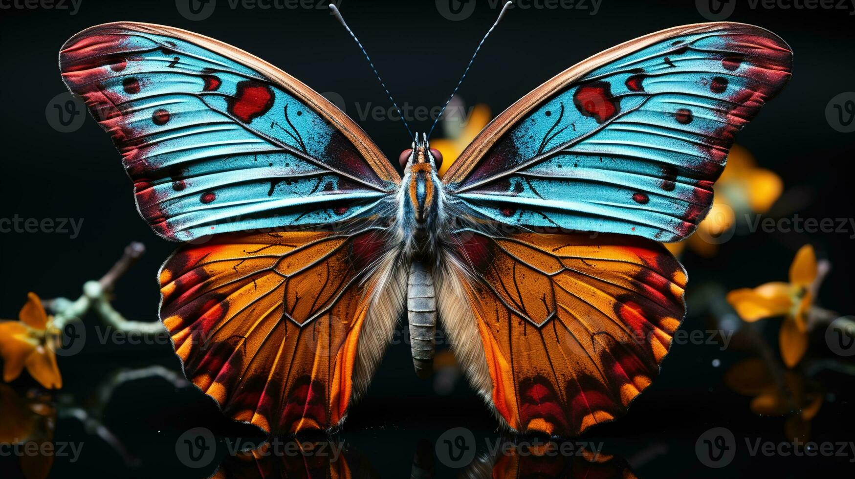 Close-Up of a Butterfly Eyes, Striking Orange Eye and Beautiful Blue Wings on a Captivating Black Background, Capturing Nature's Beauty photo