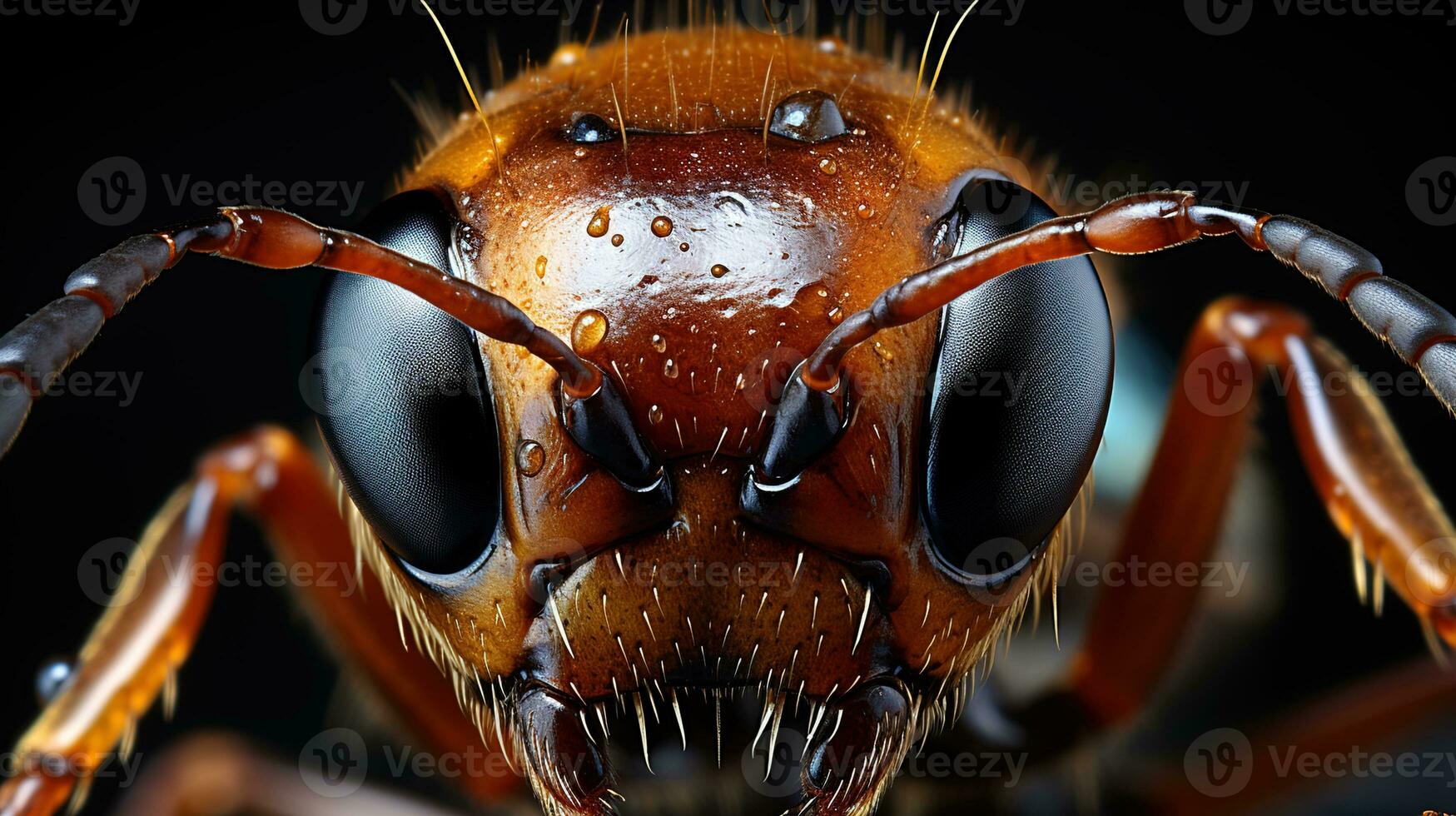 de cerca de de hormiga ojos - negro ojo color en oscuro fondo, capturado con macro fotografía en de la naturaleza miniatura mundo. foto