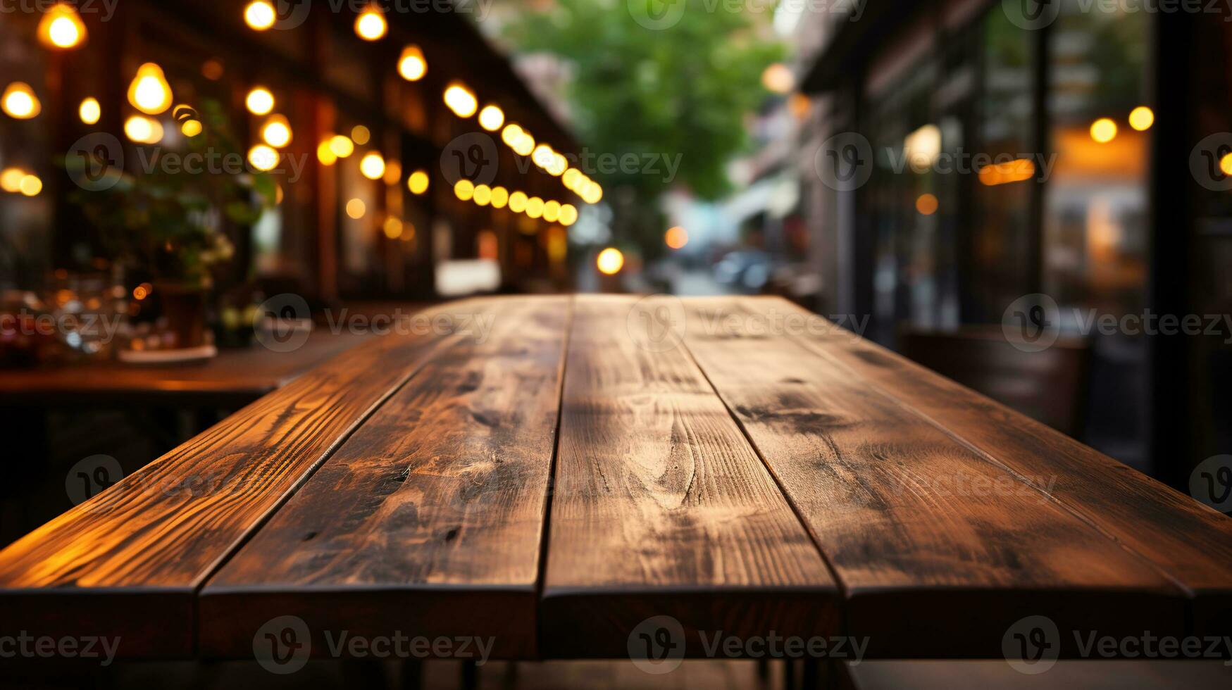 a front view of a dark rustic brown, empty wooden table for product placement with blurry background, serving as a blank wood table mockup, Ai generative photo