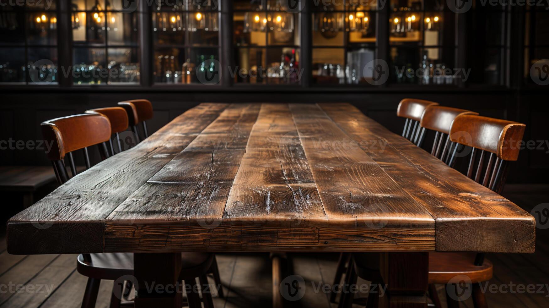 a front view of a dark rustic brown, empty wooden table for product placement with blurry background, serving as a blank wood table mockup, photo