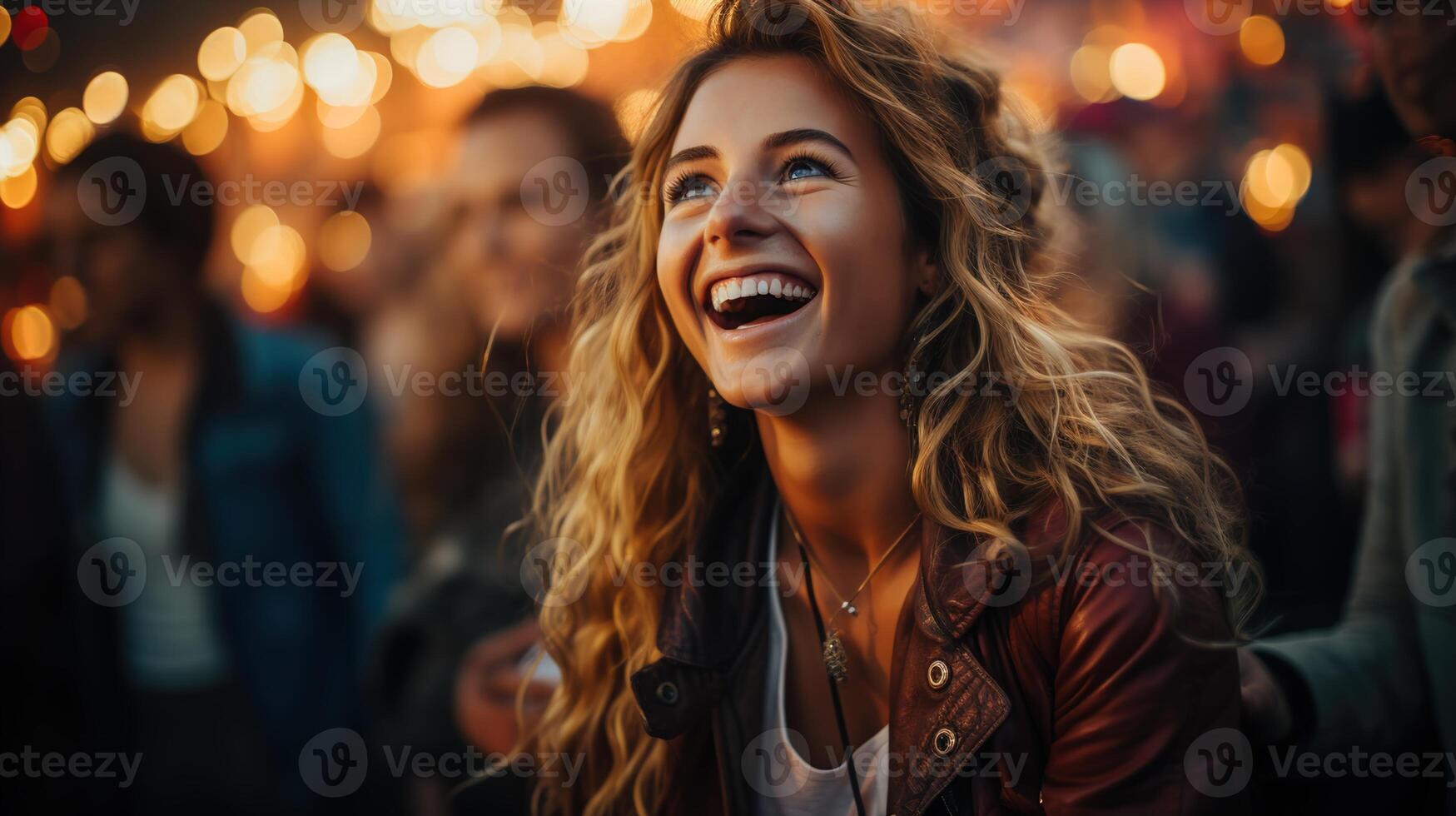 Young Women with friends Having a Very Good Time at Outdoor Concert, Bathed in Afternoon Light, Ai generative photo